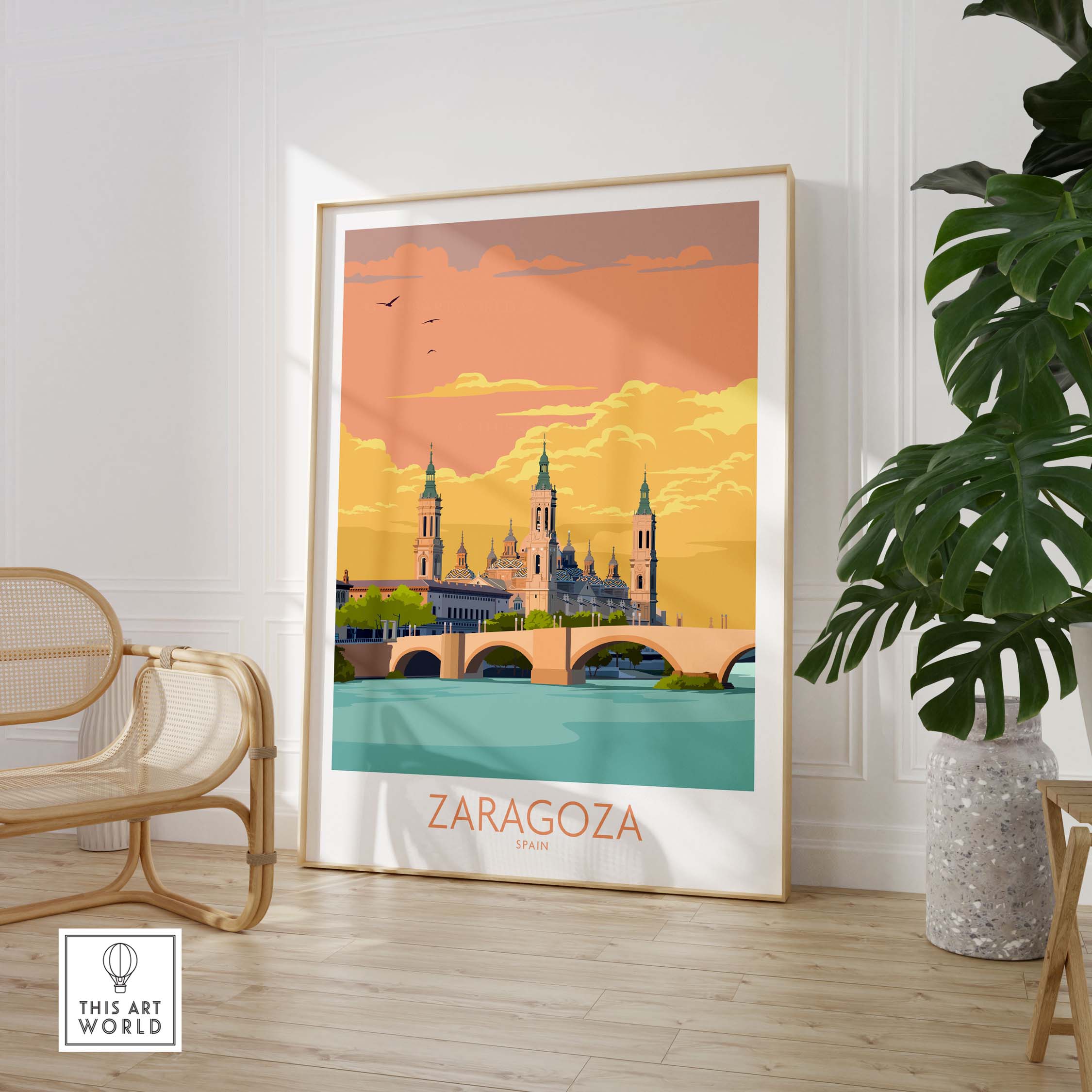 Zaragoza Spain poster featuring a scenic view of the city with vintage aesthetics, perfect for travel lovers.