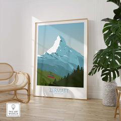 Zermatt poster featuring Matterhorn Peak, a stylish travel art print for home decor.