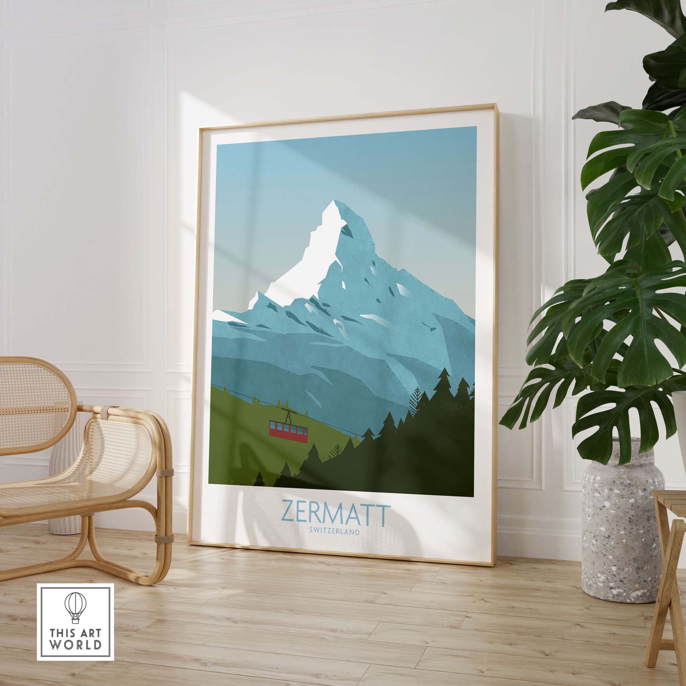 Zermatt poster featuring Matterhorn Peak, a stylish travel art print for home decor.