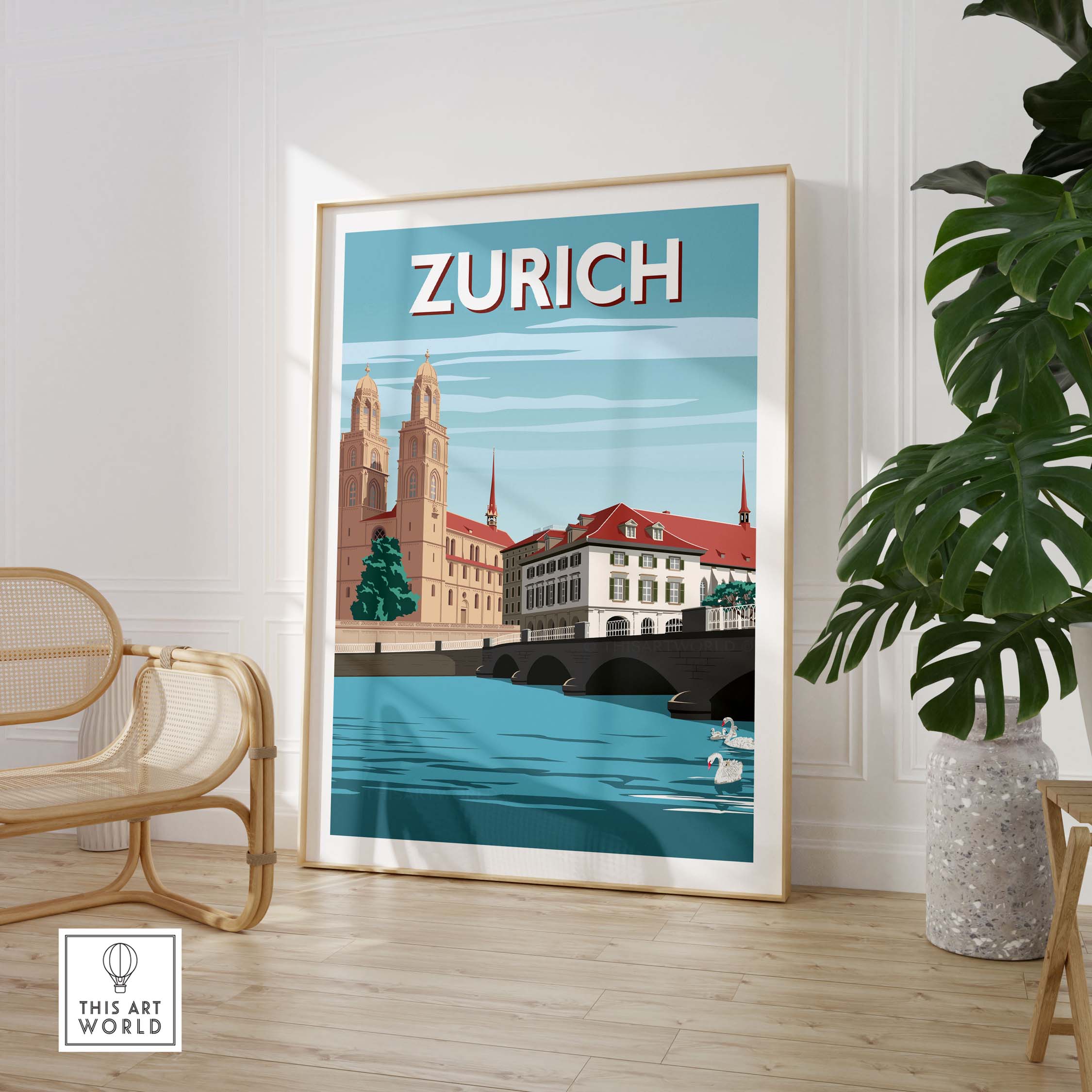 Zurich Switzerland travel poster print featuring the city's historic architecture and scenic river, showcasing minimalist art style.