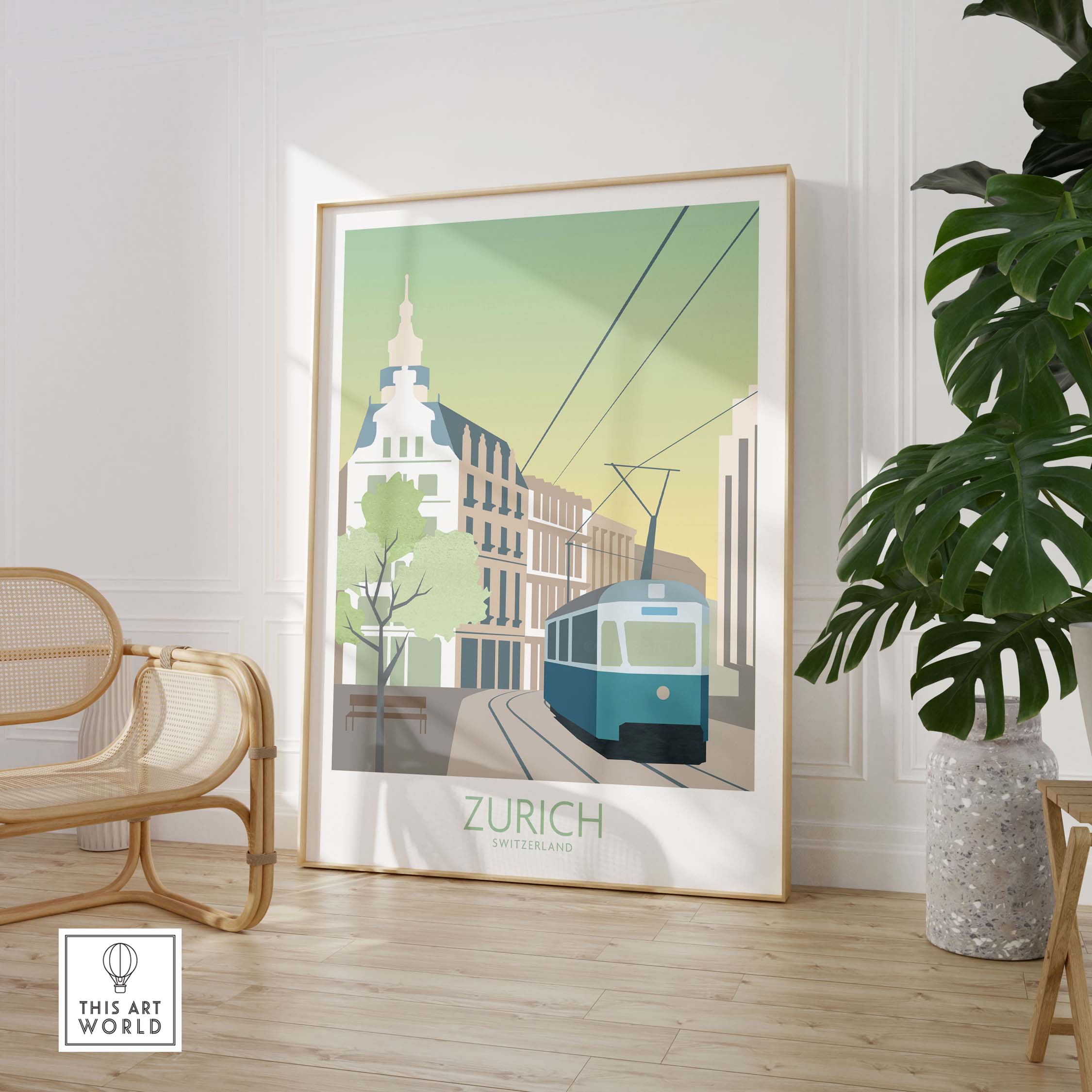 Zurich Print Travel Poster showcasing a vintage tram scene in Zurich, Switzerland, framed in a stylish modern interior.