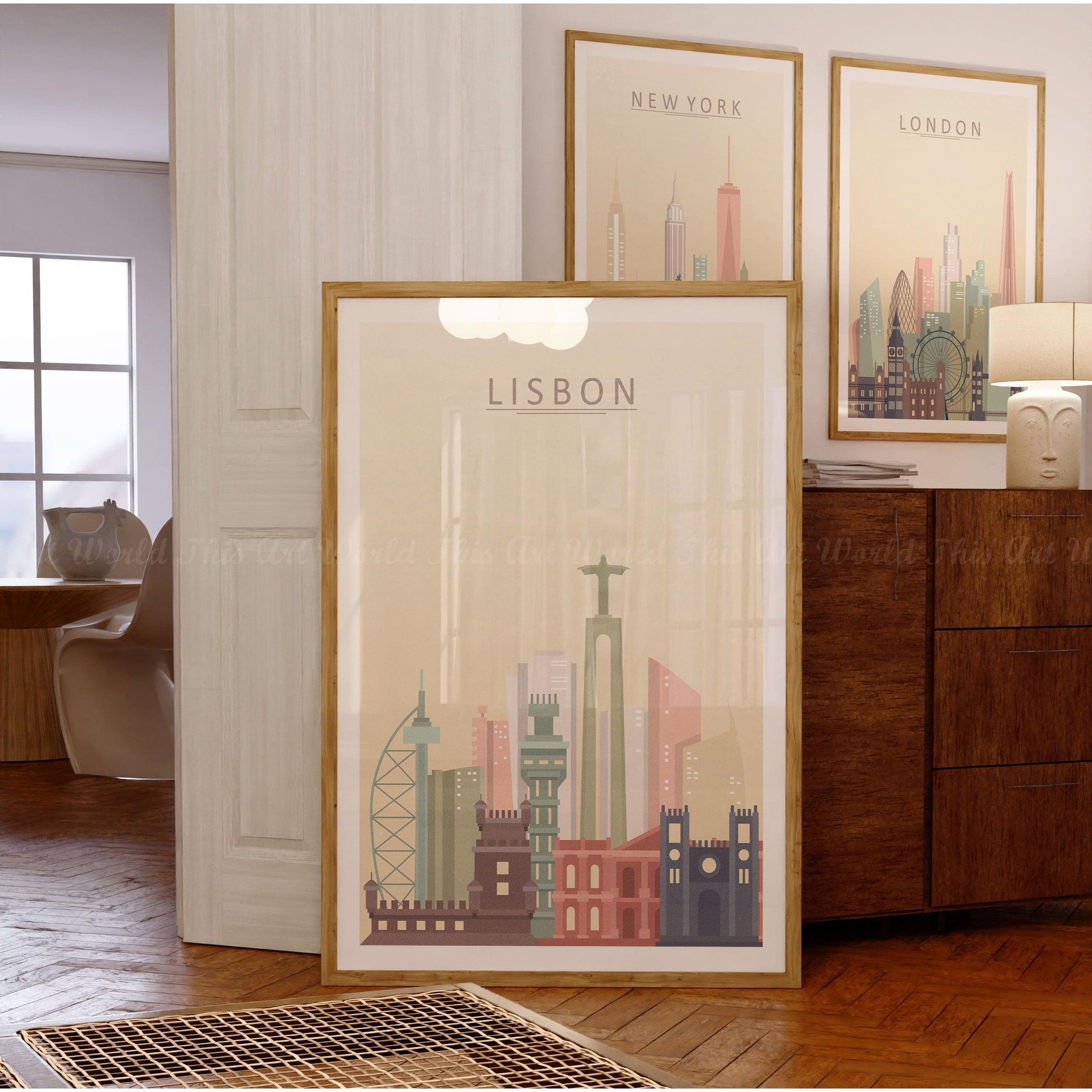 Lisbon skyline print wall art featuring iconic landmarks in pastel colors, perfect for modern home decor.