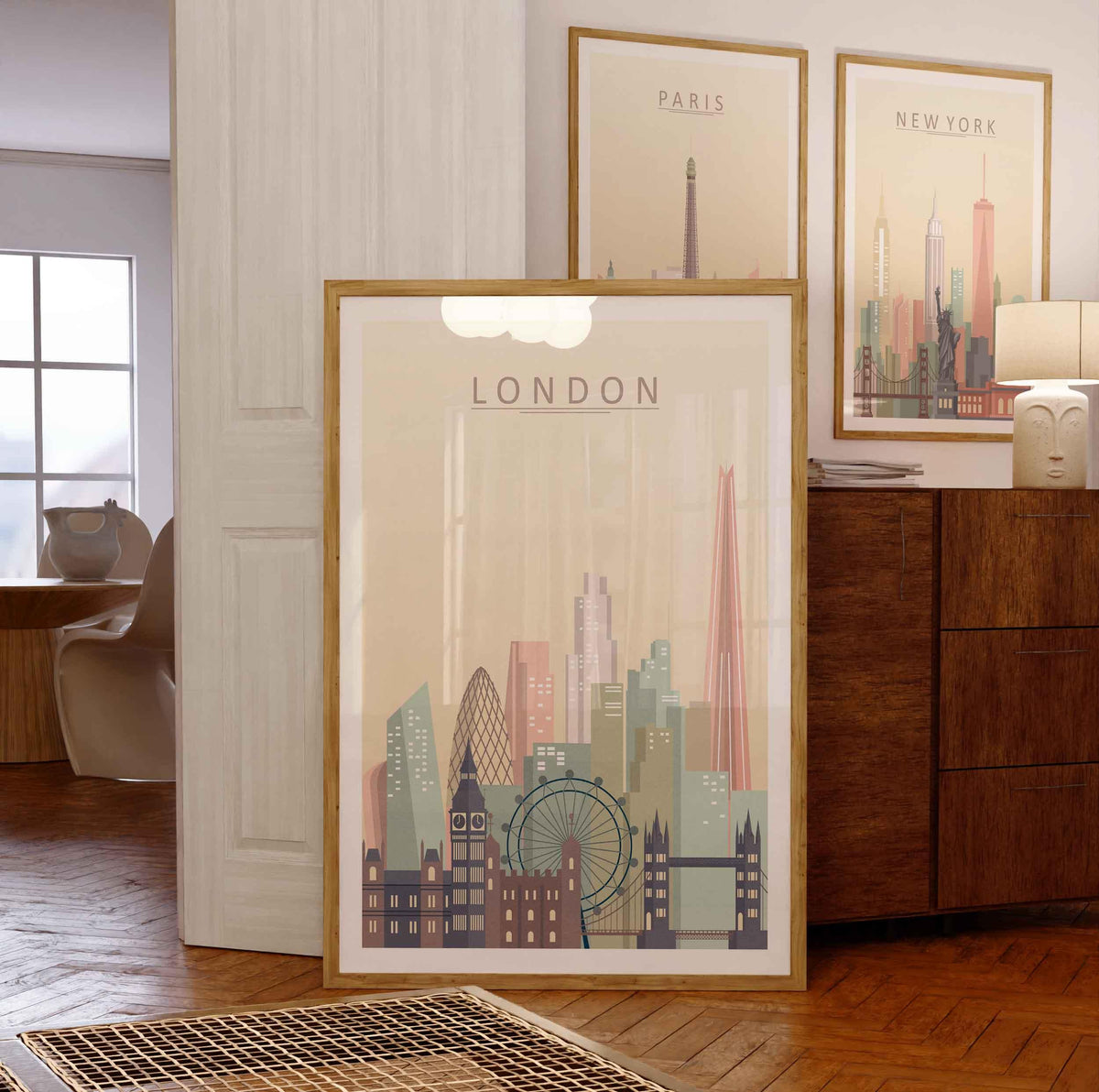 London skyline print wall art in pastel colors, showcasing famous landmarks like Big Ben and the London Eye.
