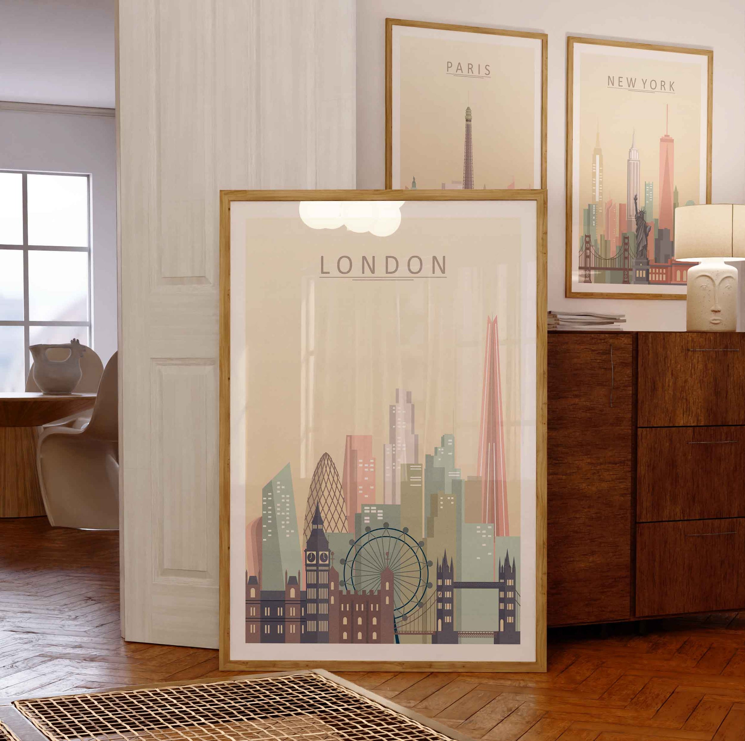 London skyline print wall art in pastel colors, showcasing famous landmarks like Big Ben and the London Eye.
