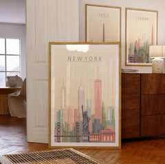 New York City skyline art print featuring Statue of Liberty and Empire State Building in warm pastel tones.