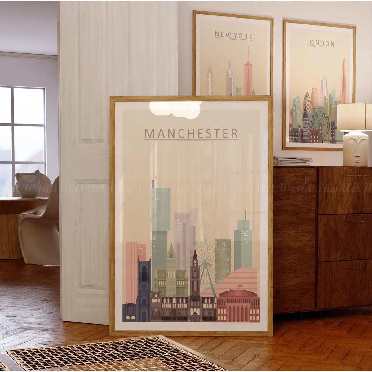 Manchester City skyline print wall art featuring iconic architecture in warm pastel tones.