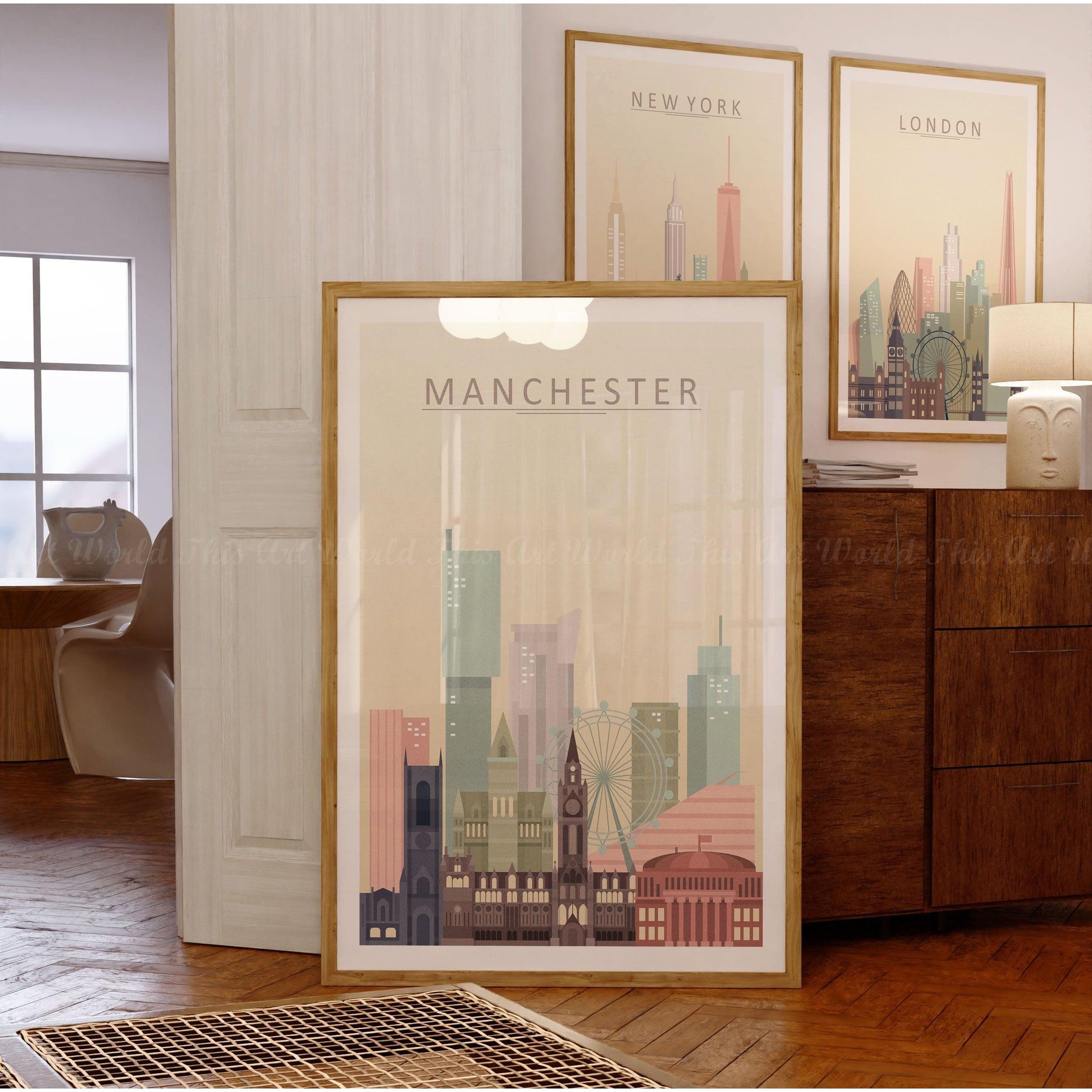 Manchester City skyline print wall art featuring iconic architecture in warm pastel tones.
