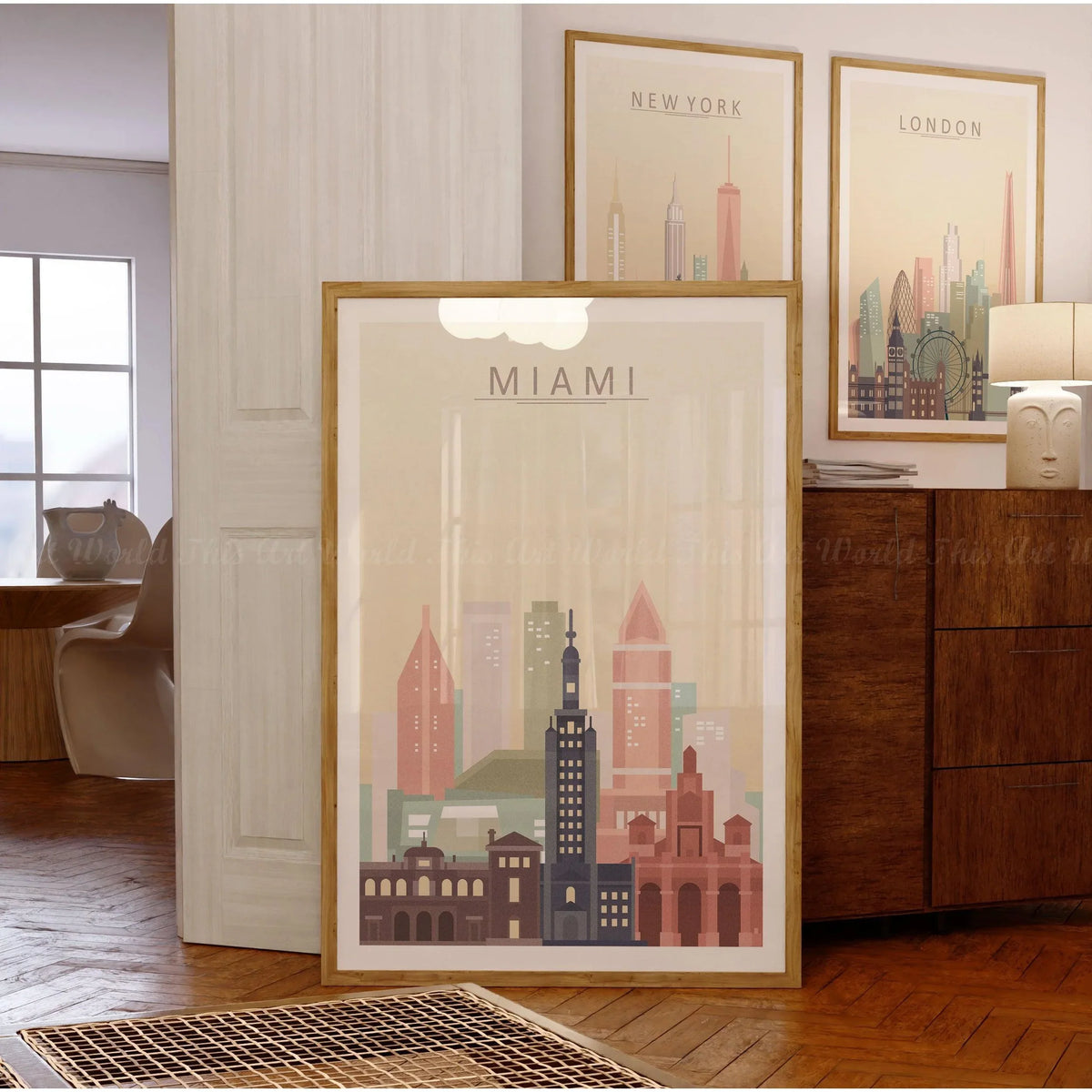Miami Skyline Wall Art Print featuring iconic buildings in warm pastel tones, perfect for home or office decor.