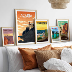 Framed Acadia National Park poster with other vintage travel art on a stylish wall, perfect for home decor.