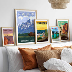 Framed vintage National Park prints including Grand Teton, showcasing scenic outdoor landscapes and wanderlust decor.