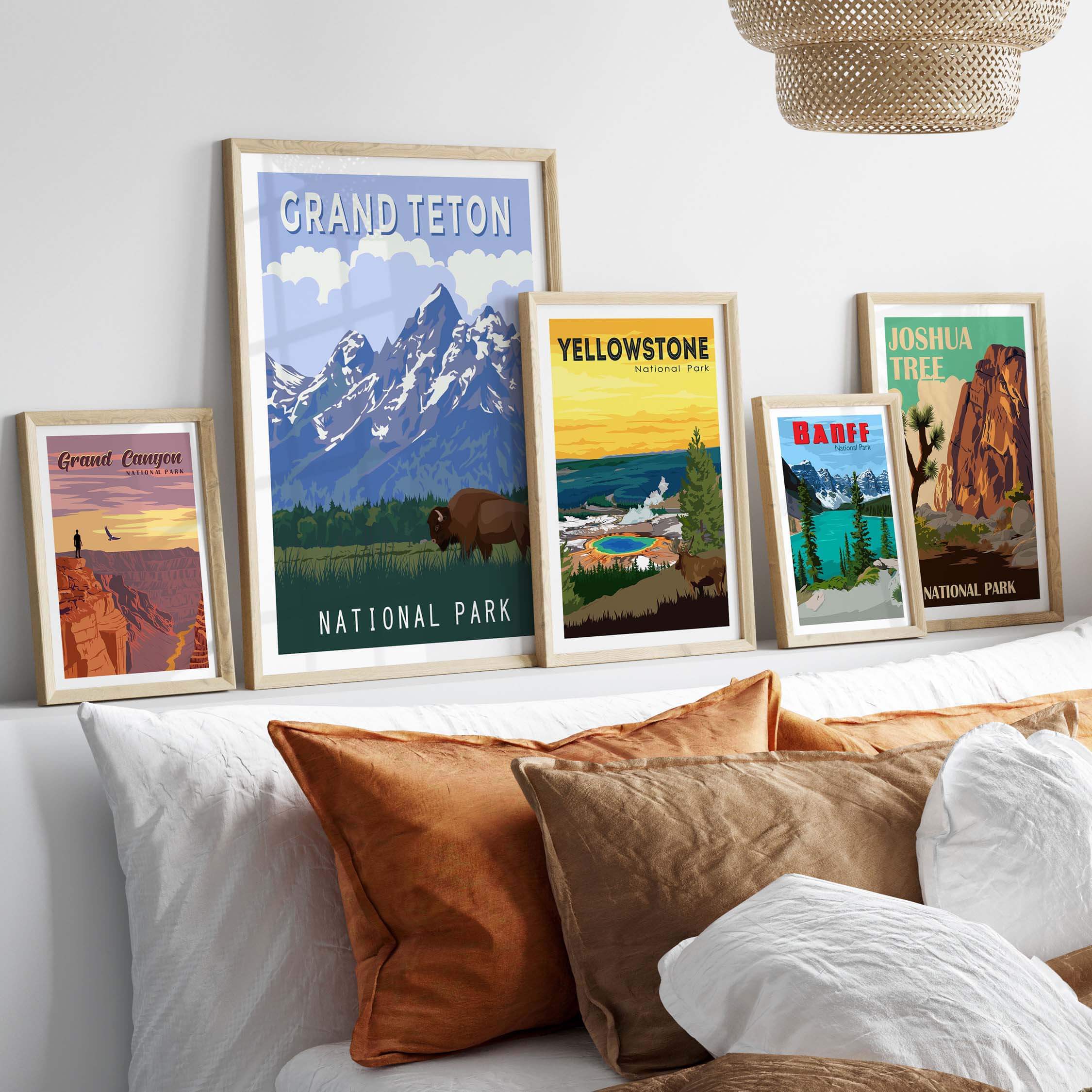 Framed vintage National Park prints including Grand Teton, showcasing scenic outdoor landscapes and wanderlust decor.