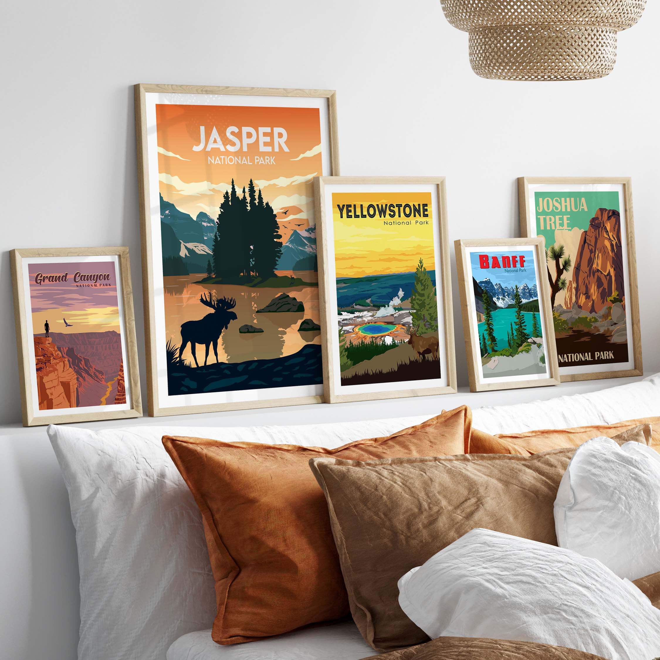Jasper National Park poster collection displayed above a bed, featuring minimalist art and various national park landscapes.