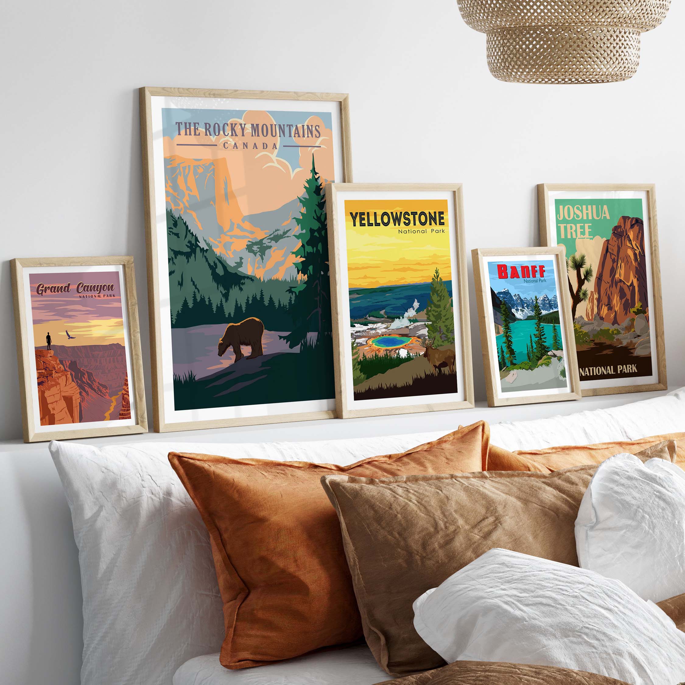 Vintage print collection featuring Rocky Mountains Canada, Yellowstone, and Joshua Tree National Park art.