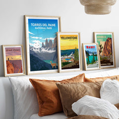 Framed Torres del Paine Chile travel print with vintage national park artwork displayed in a stylish home setting.