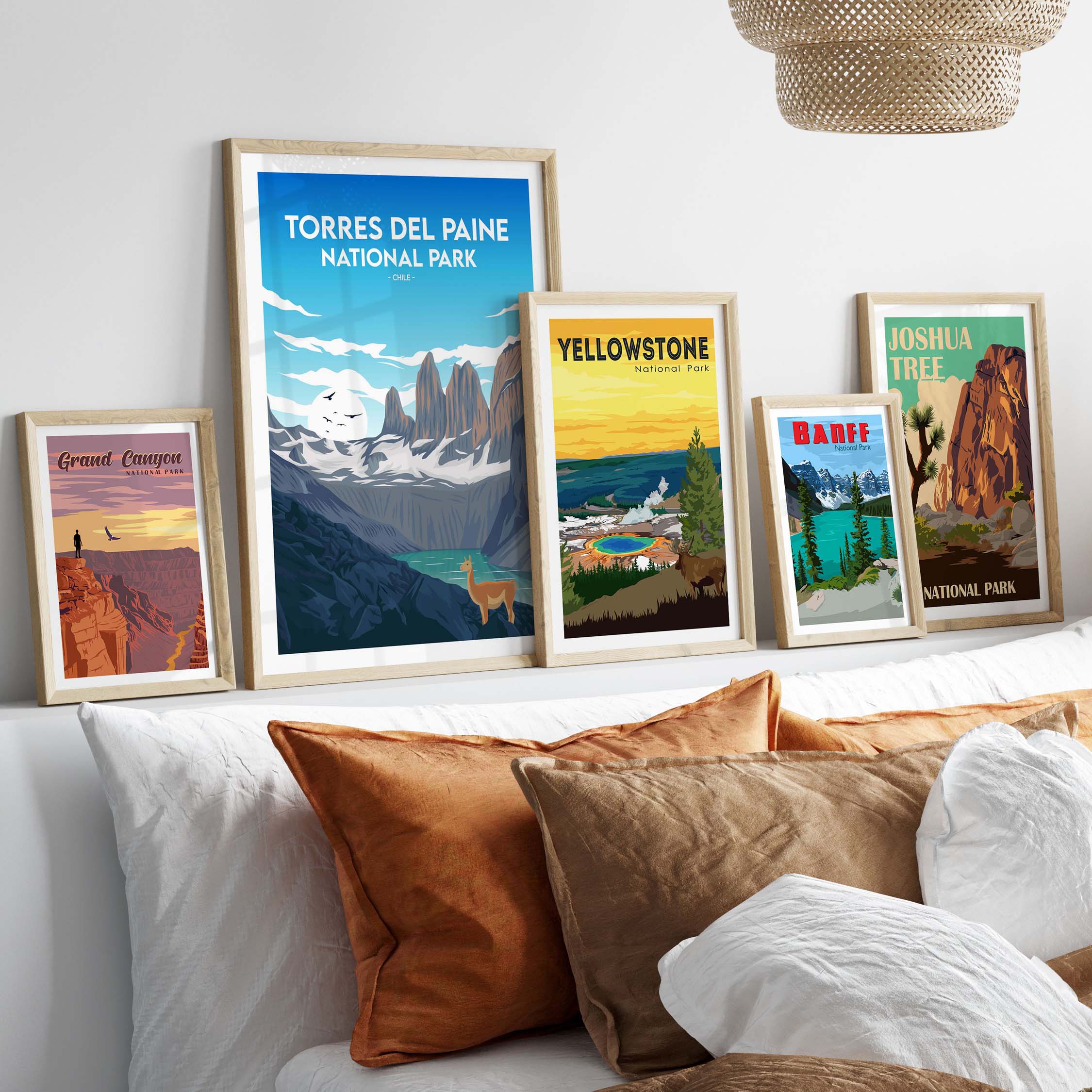Framed Torres del Paine Chile travel print with vintage national park artwork displayed in a stylish home setting.