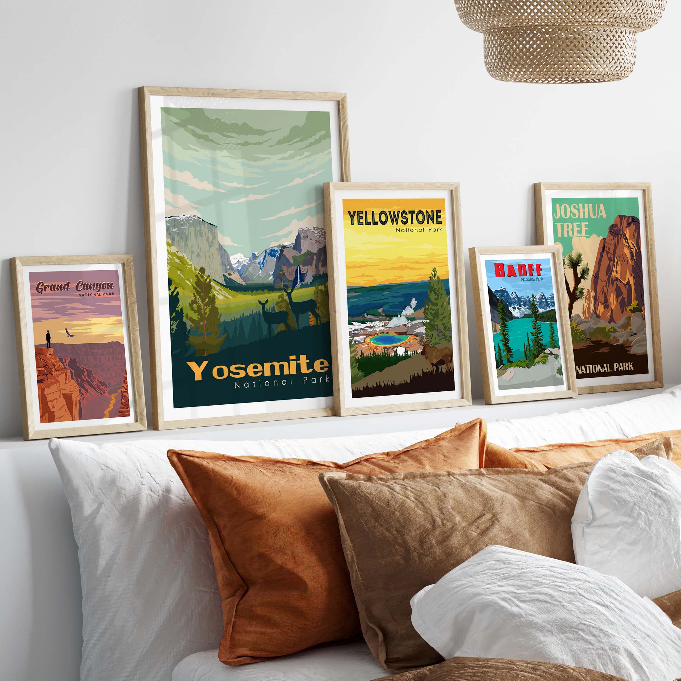 Yosemite National Park poster displayed with vintage-style posters of other national parks in a stylish indoor setting.