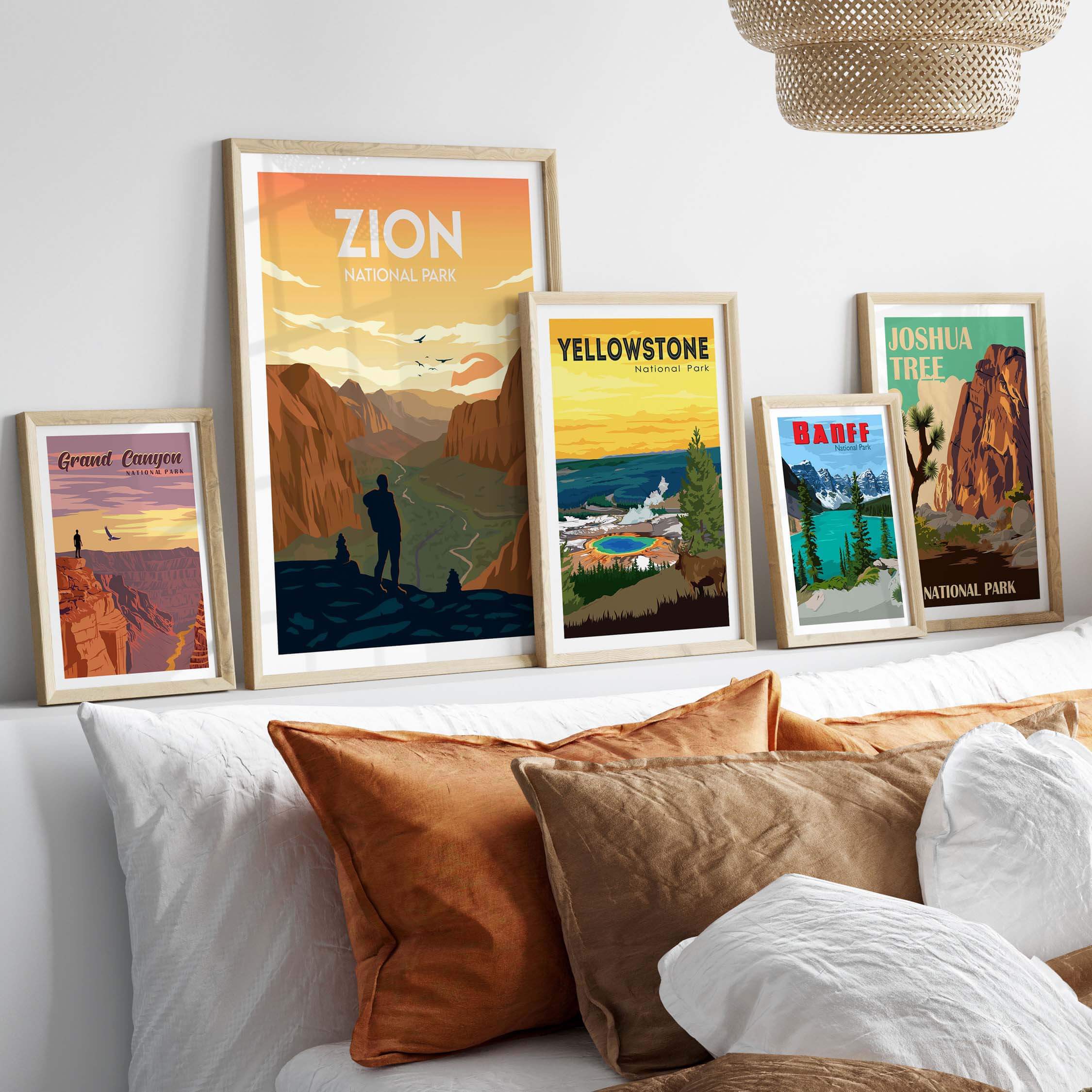 Zion National Park poster among framed art prints of famous parks, enhancing home decor with nature-inspired artwork.
