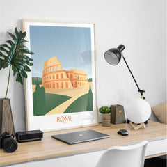 Vintage-inspired Rome Wall Art Print showcasing the Colosseum in a stylish home office setting.