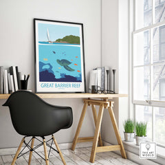 Great Barrier Reef poster displayed in a modern workspace, featuring a minimalist design with sea turtles and vibrant colors.