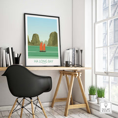 Ha Long Bay print displayed in a minimalist office setting, showcasing vintage travel art for home decor.