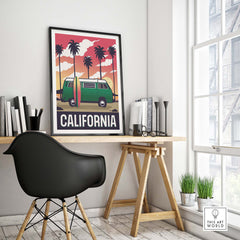 California Poster Wall Art Print featuring a vintage green van and palm trees, perfect for home or office decor.