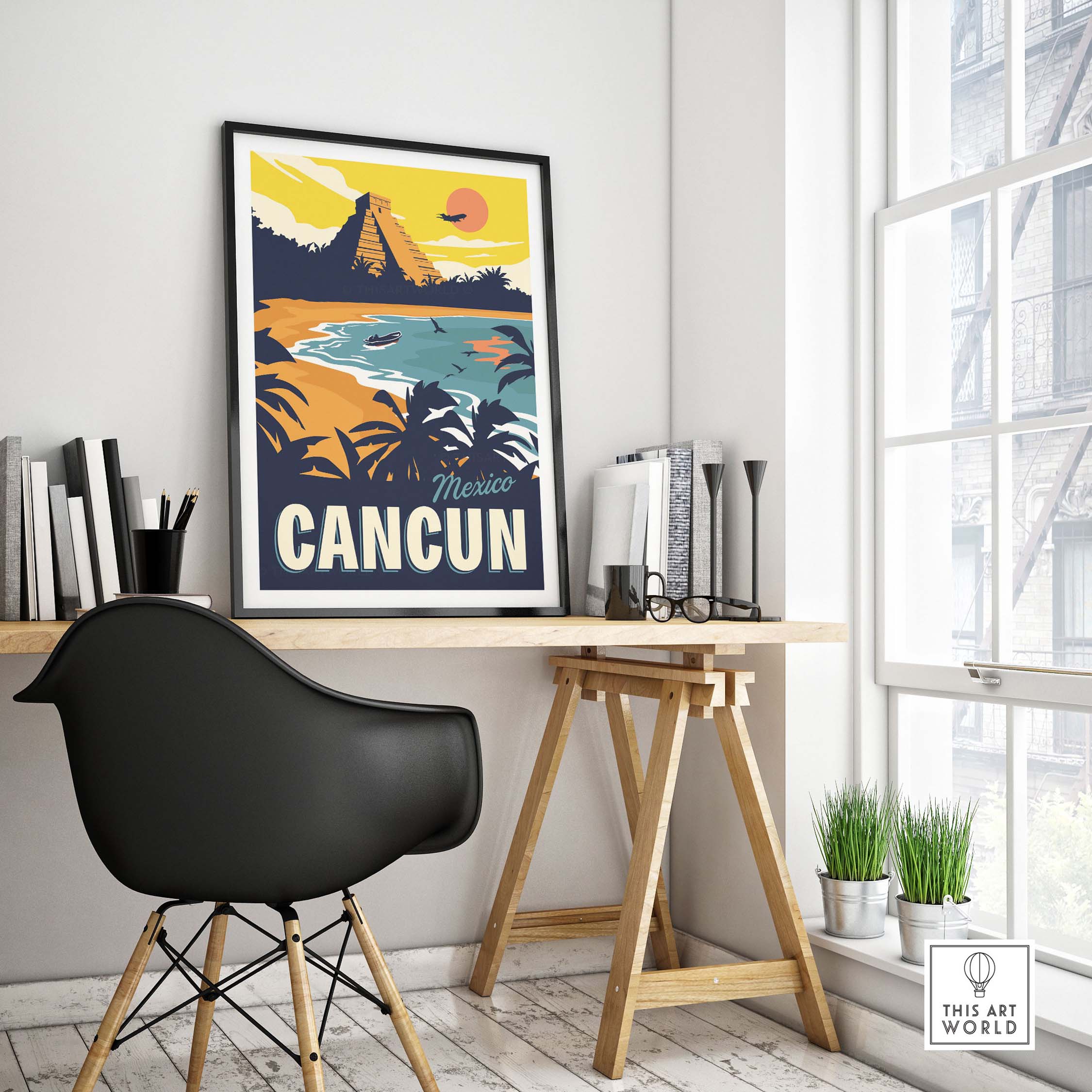 Cancun Poster Wall Art Print featuring a vibrant beach scene and Mayan ruins, perfect for home or office decor.