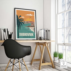 Dubrovnik Poster Wall Art Print featuring colorful vintage design in stylish home office setting.