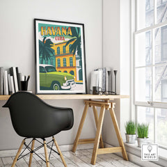 Havana Print Cuba Poster in a stylish interior, showcasing vintage travel art and a green classic car.