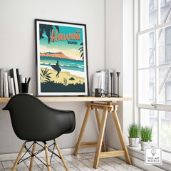 Hawaii Waikiki vintage travel poster artwork displayed in a stylish home office setting.