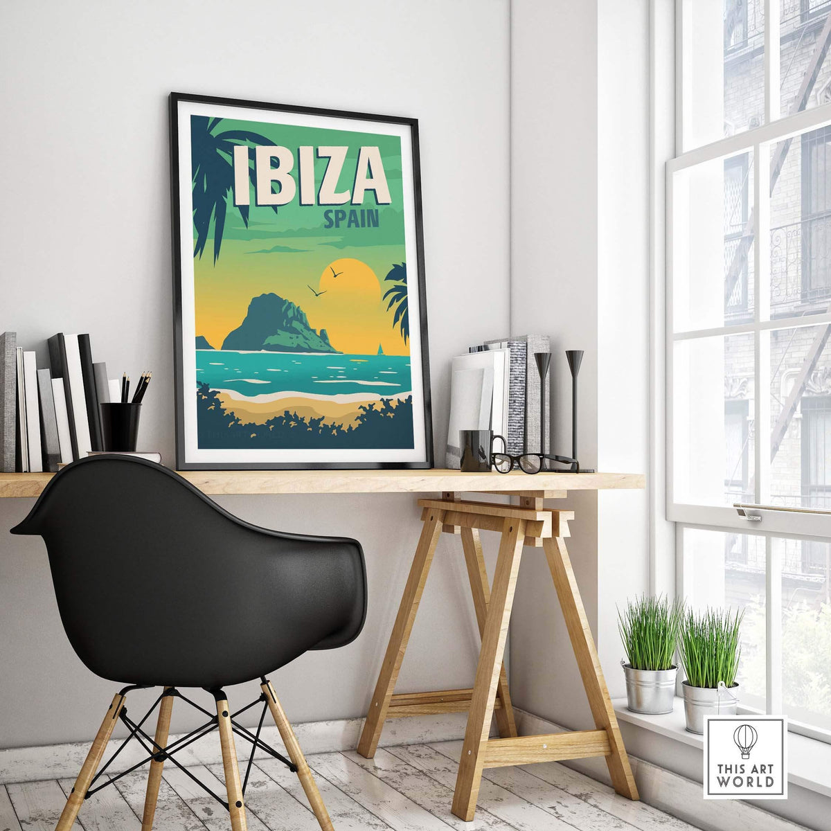 Ibiza Poster Wall Art Print in a stylish office setting, showcasing vintage travel vibes and tropical scenery.