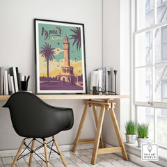 Izmir Print Turkey Travel Poster displayed in a stylish home office with modern decor and natural light.