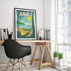 Jamaica Print Beach Poster displayed in a bright workspace, featuring tropical scenery and vintage travel design.