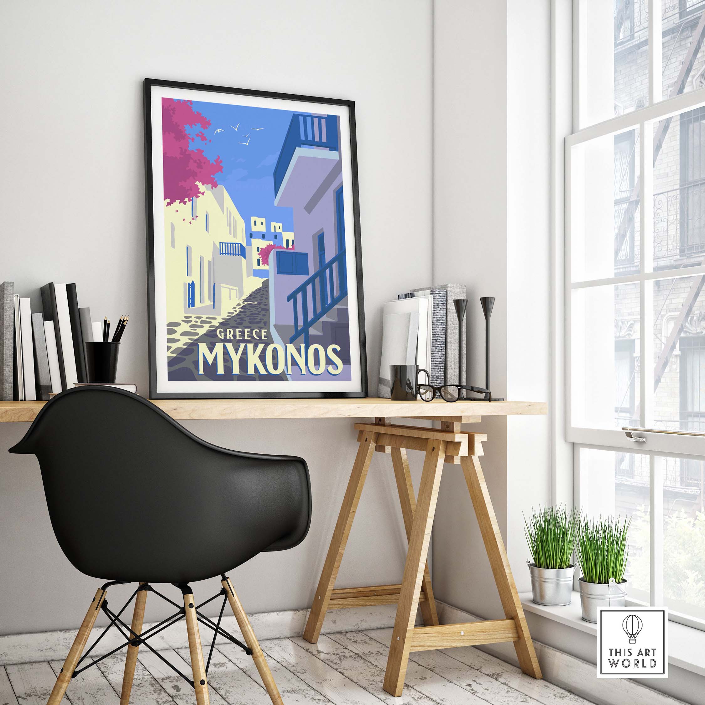 Mykonos vintage travel poster art print displayed in a modern workspace with stylish decor and natural light.