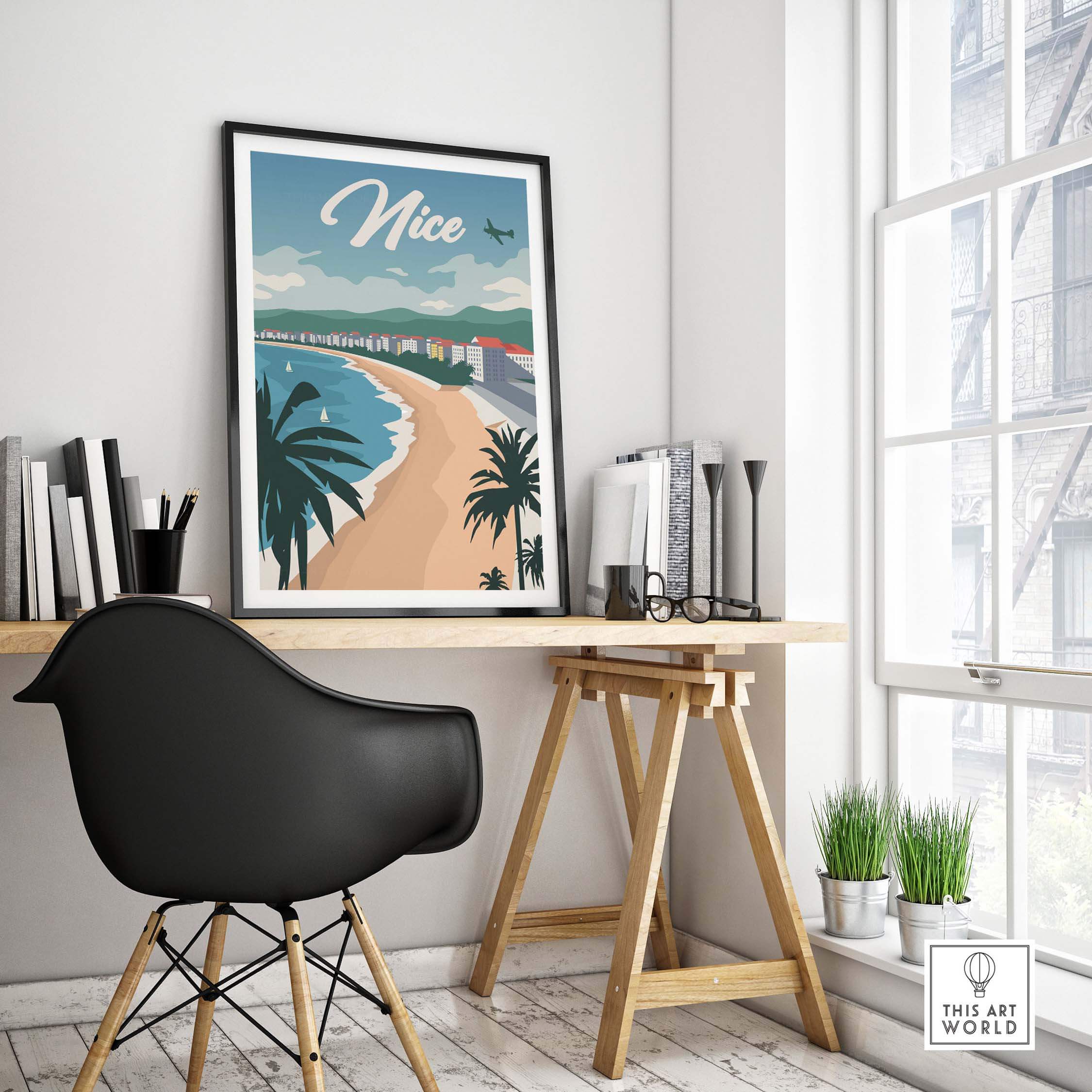 Nice France poster wall art print featuring a coastal view and palm trees in a stylish interior setting.