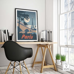 Paris Poster Wall Art Print displayed in a stylish workspace, featuring a vintage design with the Eiffel Tower and nostalgic colors.