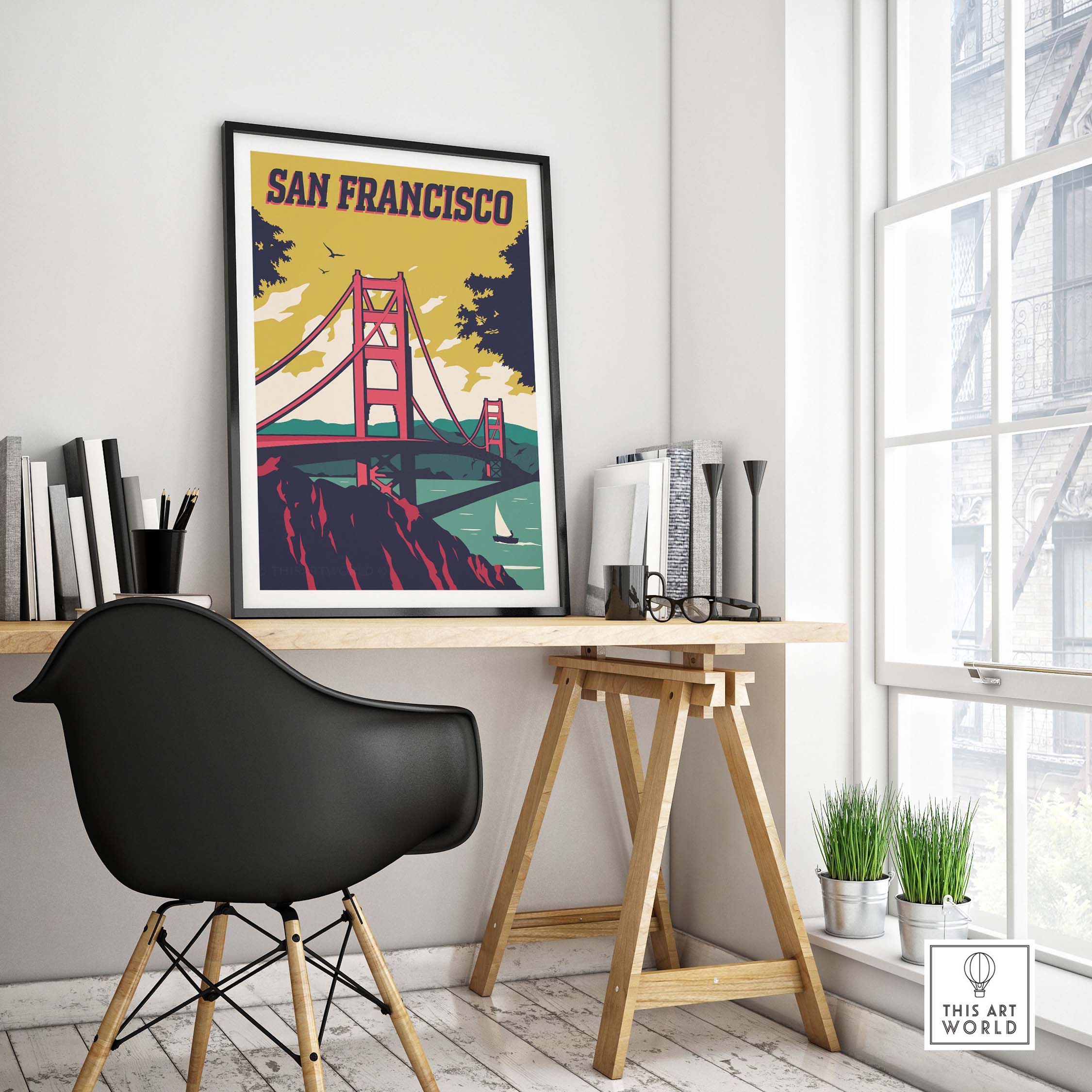San Francisco poster wall art print featuring the Golden Gate Bridge, adding vintage travel style to home decor.