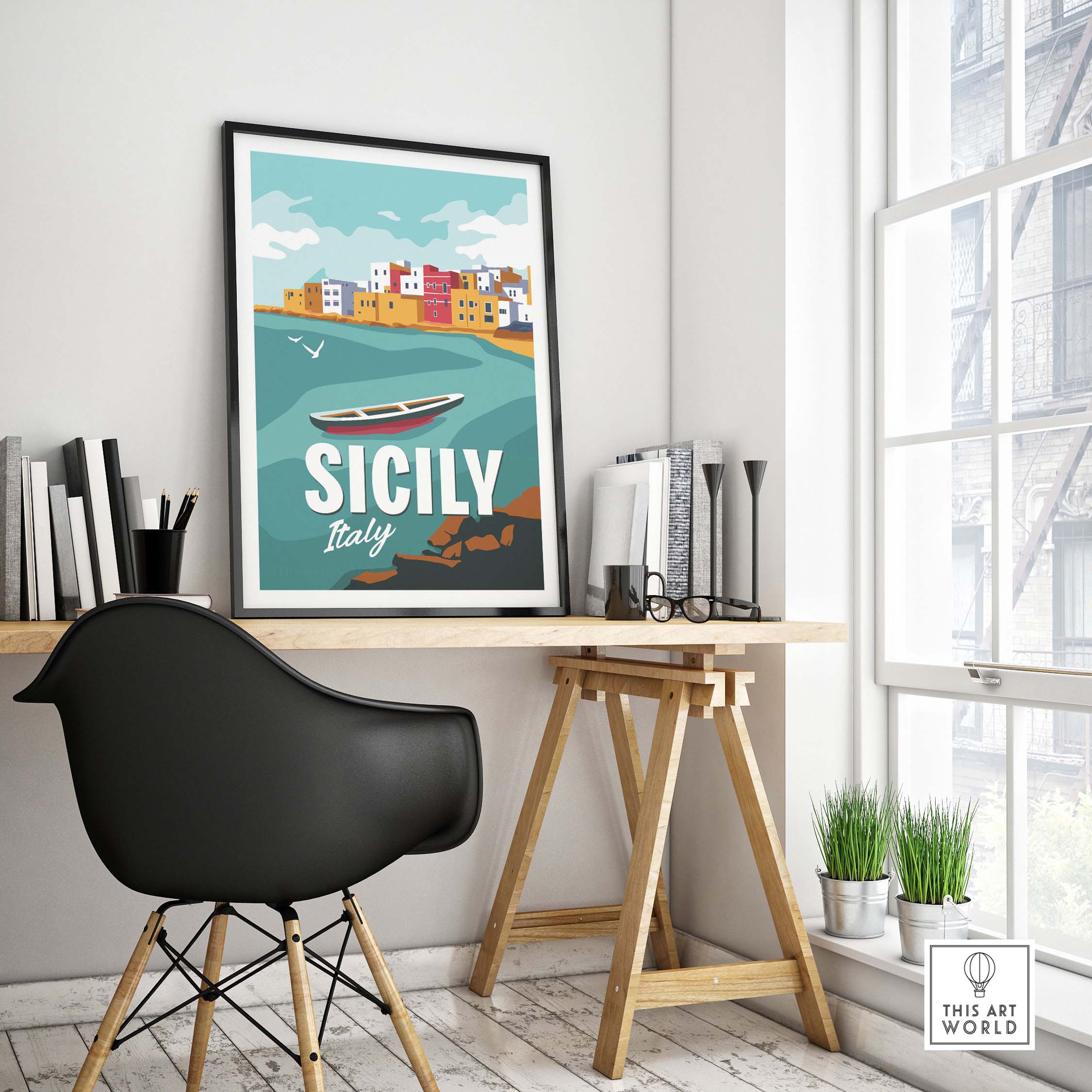 Sicily Poster Wall Art Print displayed in a stylish office setting, evoking nostalgia and wanderlust.
