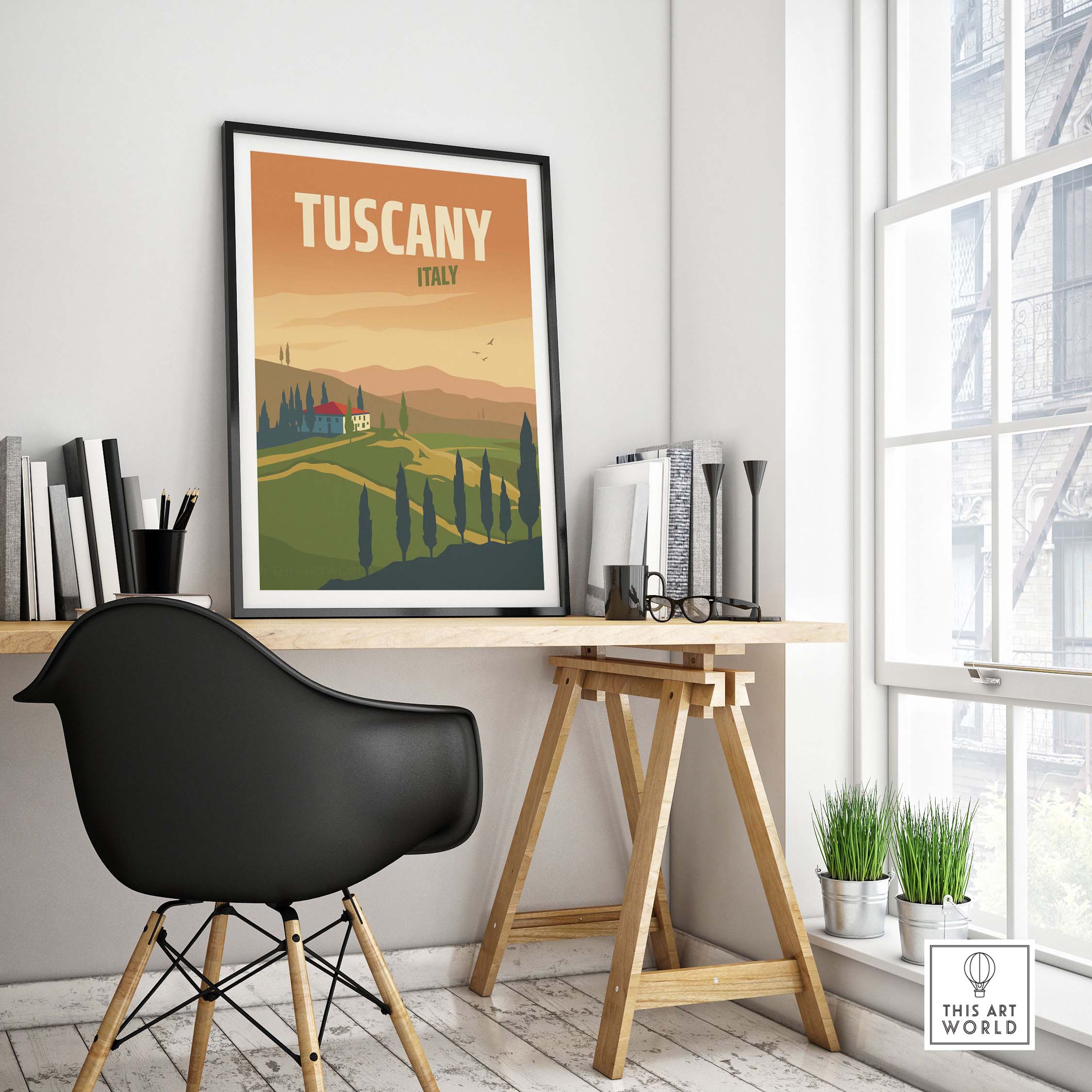 Tuscany Poster Wall Art Print displayed in a stylish office setting, capturing vintage travel aesthetics and Italian landscapes.