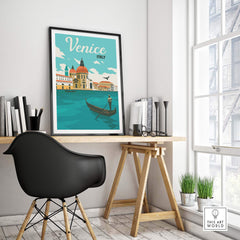 Venice poster wall art print depicting a gondola on a vibrant blue canal, adding travel-inspired decor to any space.