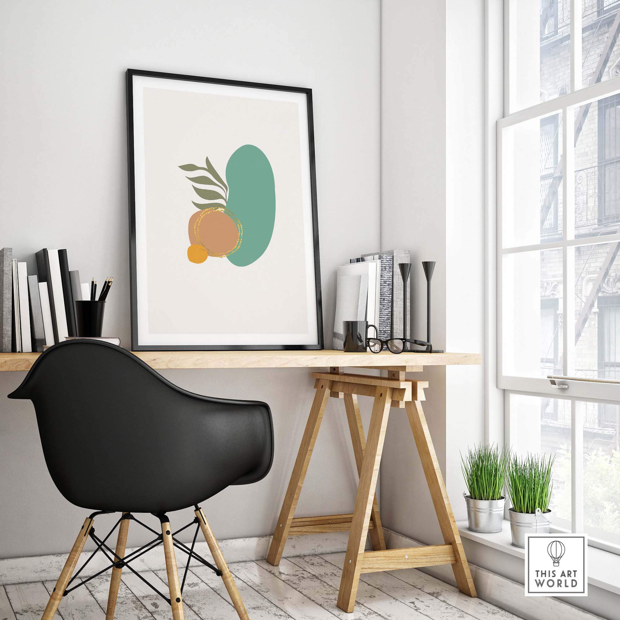 Mid Century Wall Art featuring abstract shapes and fruits in a stylish workspace decor.