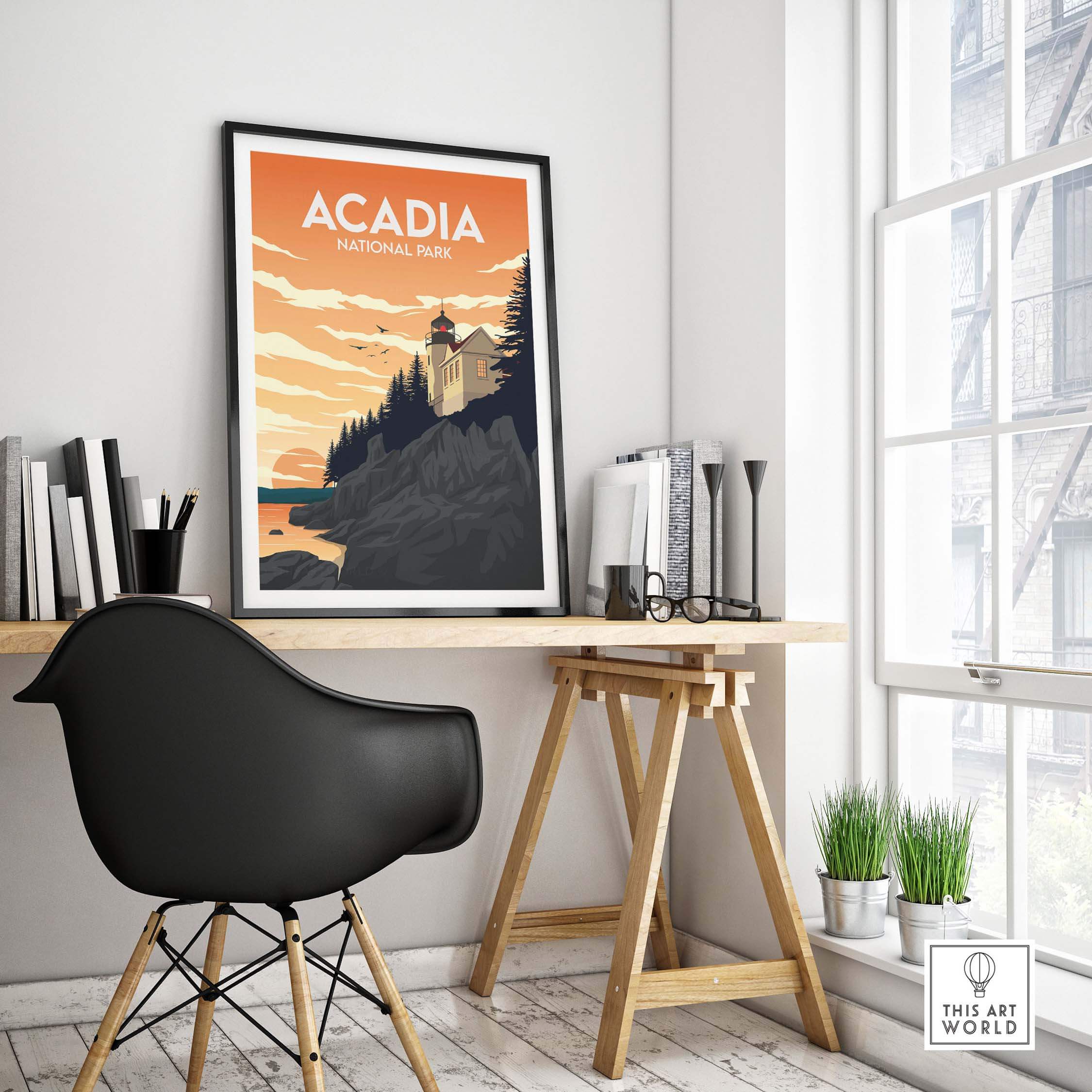 Acadia National Park wall art print in stylish office setting, framed vintage travel poster decor.