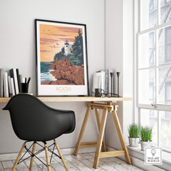 Acadia Poster Print Wall Art displayed on a desk with a black chair, capturing vintage National Park style and outdoor adventure.