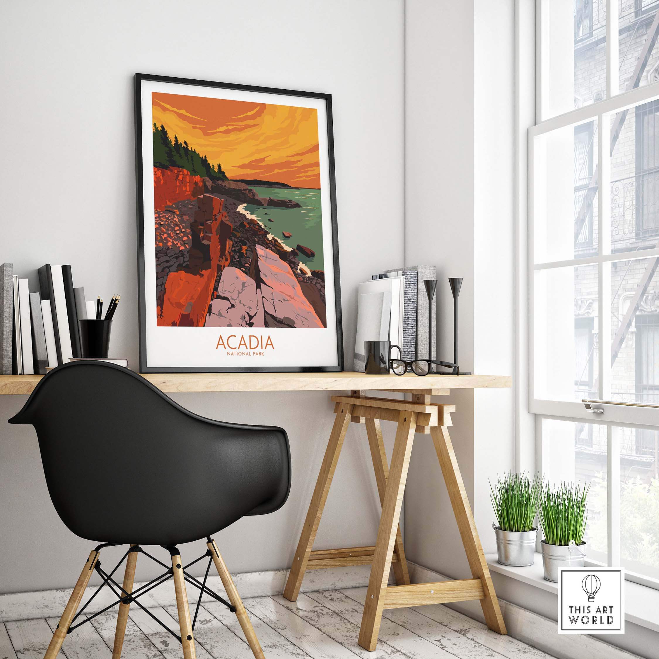 Acadia Print Wall Art Poster displayed in a stylish office setting, featuring vibrant colors and outdoor scenery.