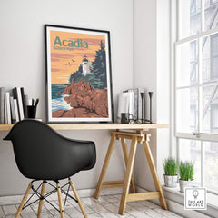 Acadia National Park poster framed art print on desk, showcasing a coastal lighthouse and vibrant outdoor scenery.