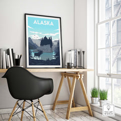 Alaska wall art print featuring mountain landscape and moose, ideal for home decor and nature lovers.