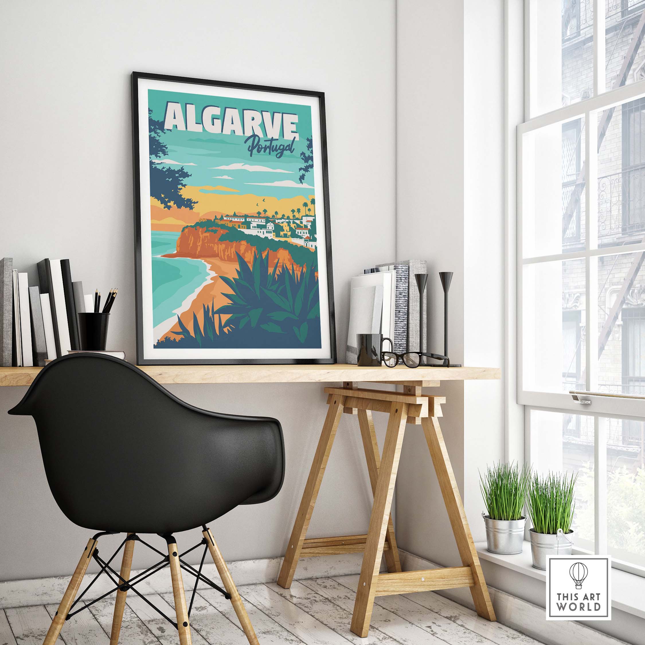 Algarve Poster Portugal showcased in a stylish home office with modern decor and natural light.