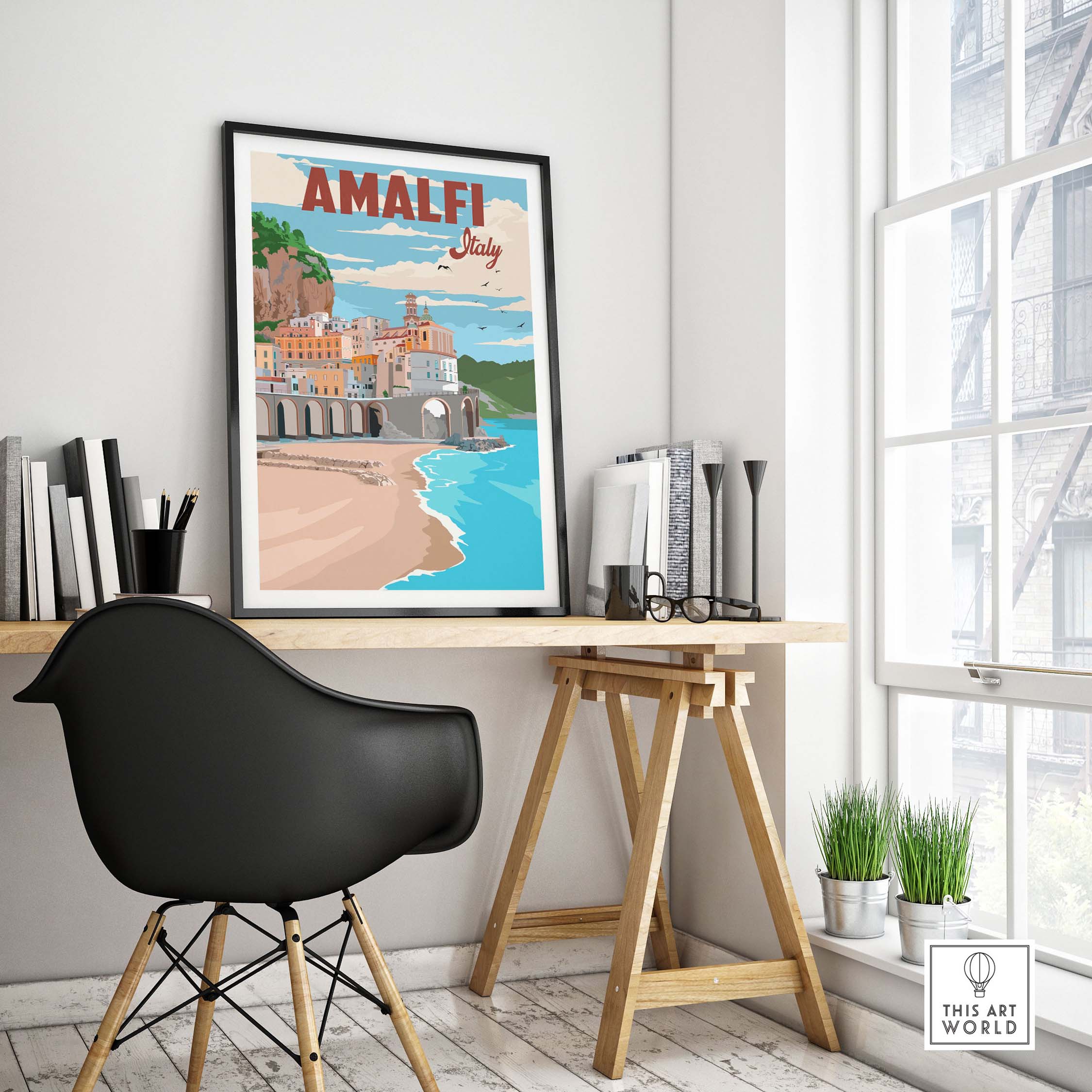 Amalfi Coast Italy vintage poster art displayed in a modern workspace showcasing stylish wall decor.