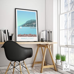 Amalfi Coast travel art print displayed in a modern workspace, showcasing vintage-inspired wall art.