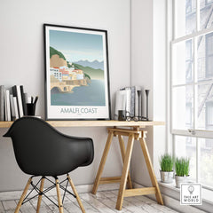 Minimalist Amalfi Coast wall art poster displayed in a modern office setting with a stylish black chair.