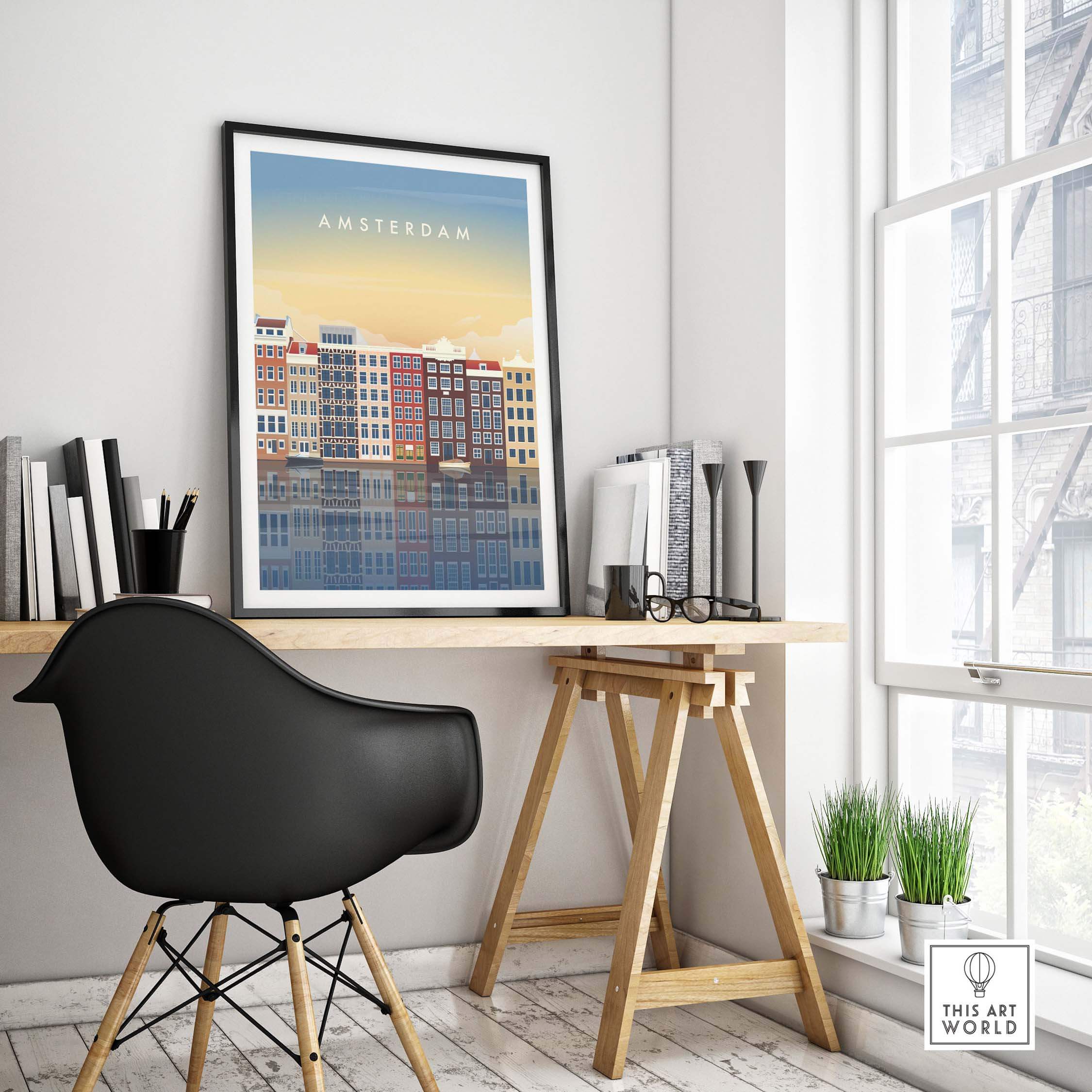 Amsterdam Wall Art Poster Print displayed in a stylish home office setting with modern decor.